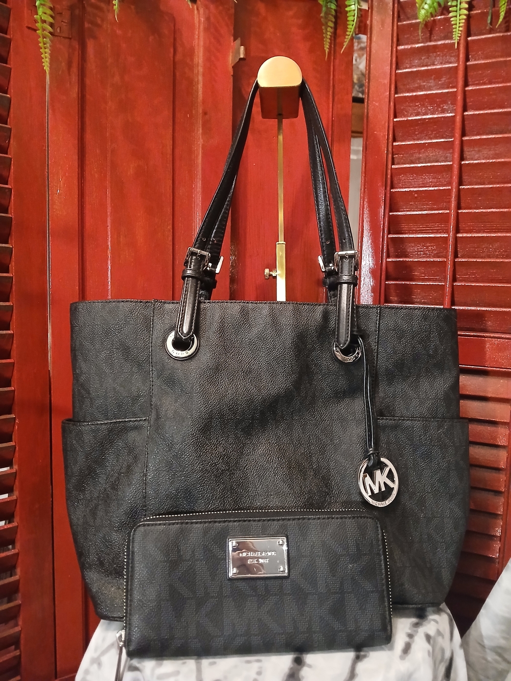 Michael Kors Black MK Logo Tote with Matching Wallet
